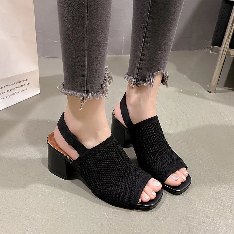 Brown Knitted Block Heel Sandals