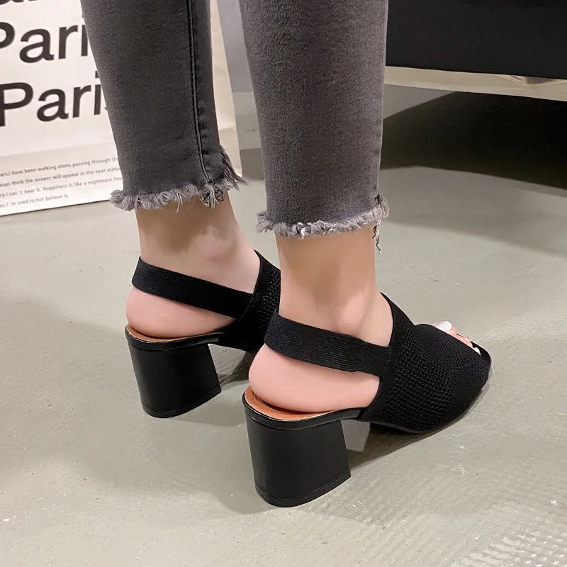 Brown Knitted Block Heel Sandals