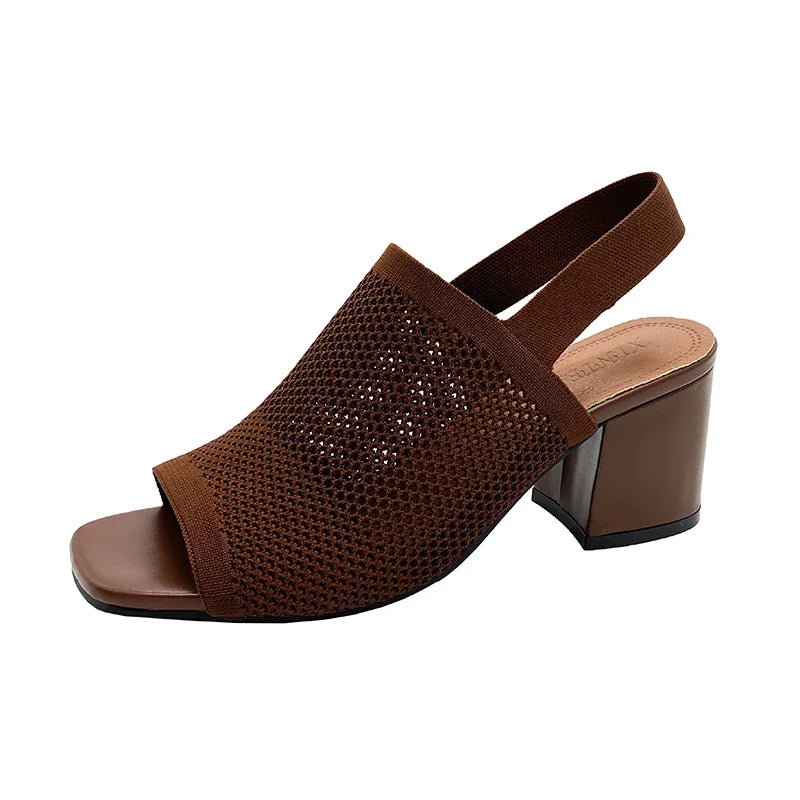Brown Knitted Block Heel Sandals