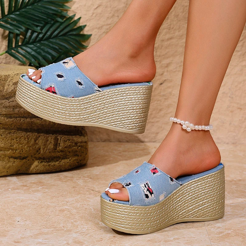 Denim Wedge Sandals