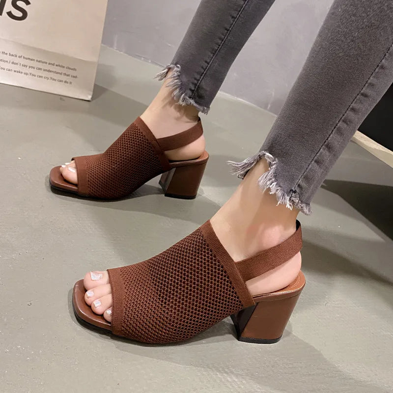 Brown Knitted Block Heel Sandals