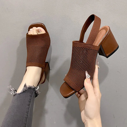 Brown Knitted Block Heel Sandals