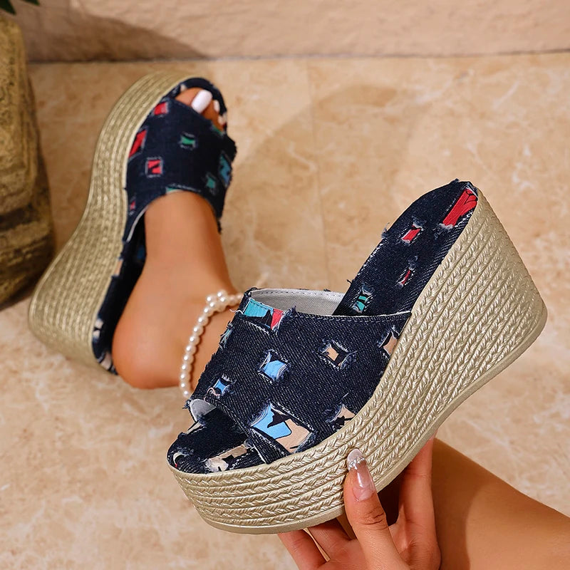 Denim Wedge Sandals
